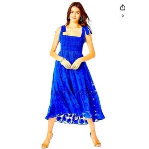 Lilly pulitzer Small rivera smocked midi with tie shoulder blue grotto royal